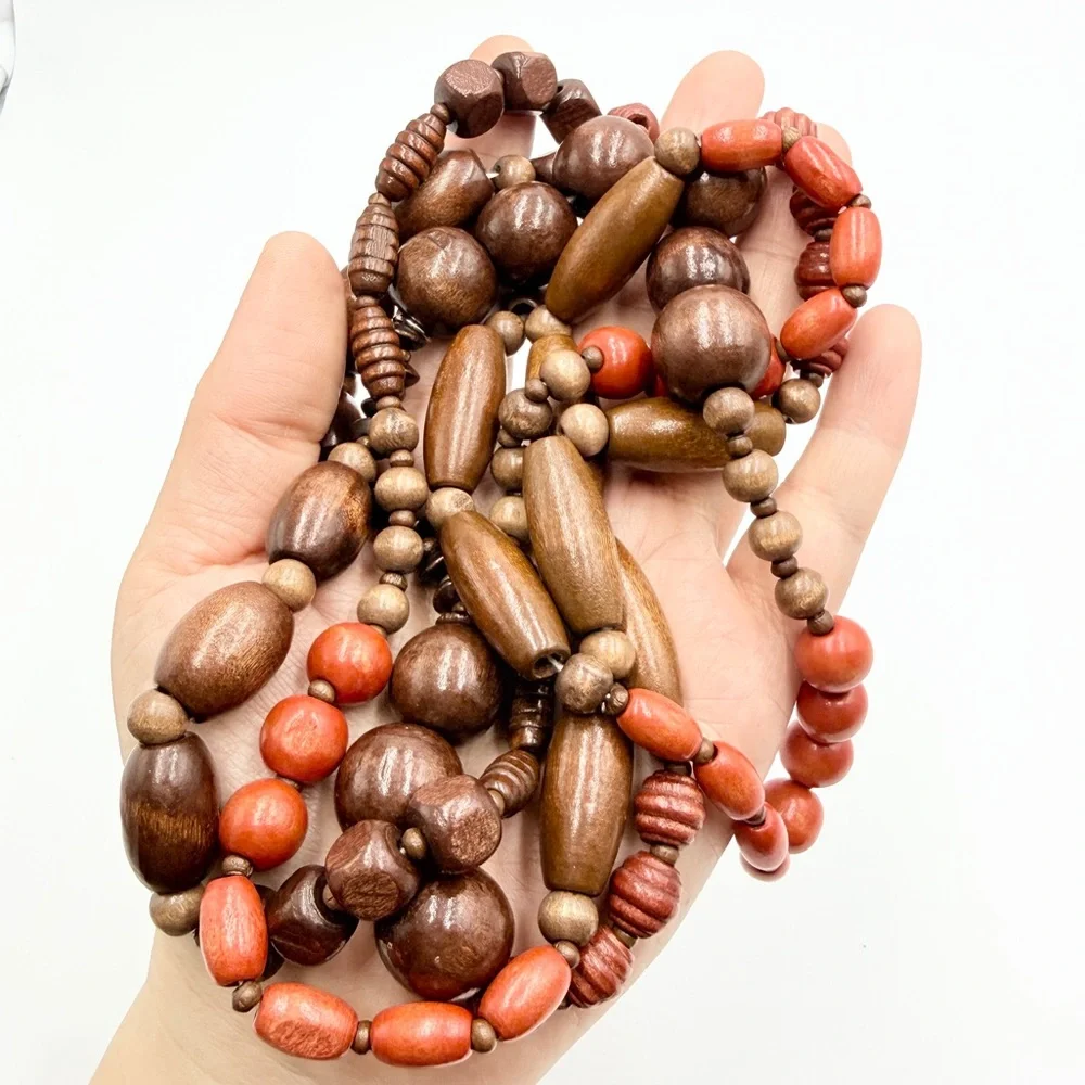 Vintage Wooden Beaded Necklace Brown Red Long Boho Statement Necklace - Picture 5 of 7